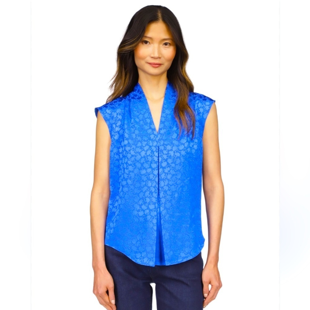 NWT MICHAEL Michael Kors Fleur Jacquard Sleeveless Silk Grecian Blue top PM